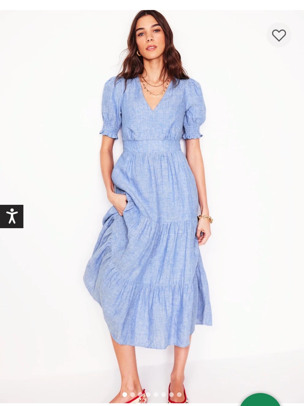 Boden Linen Blue V-Neck Tiered Midi Dress